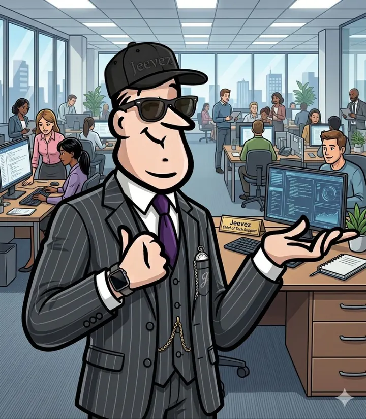 Jeevez in a modern open-plan office with a nameplate reading Chief of Tech Support
