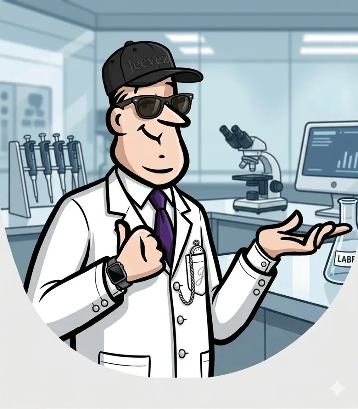 Jeevez in a lab coat, reviewing data charts and experiments